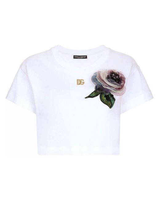 Dolce & Gabbana White Kurzes T-Shirt Aus Jersey Mit Blumenapplikation