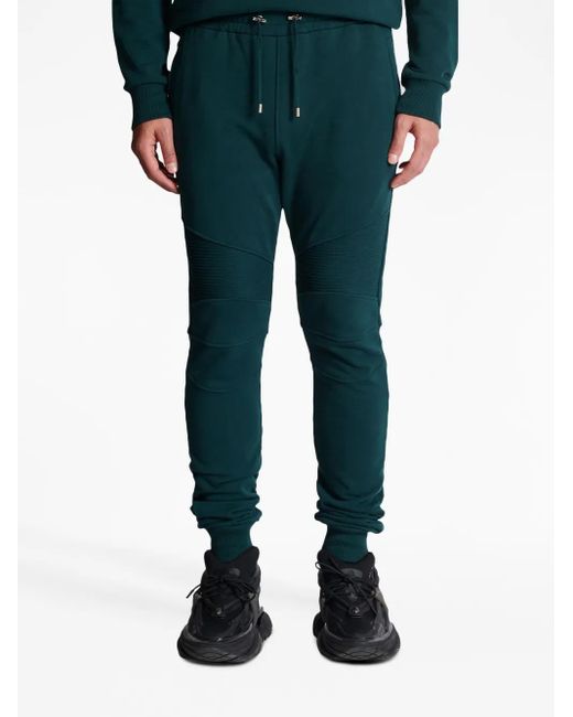 Balmain Green Ribbed-Detail Drawstring Track Pants for men