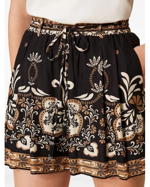 Twinset Black Linen Blend Printed Shorts