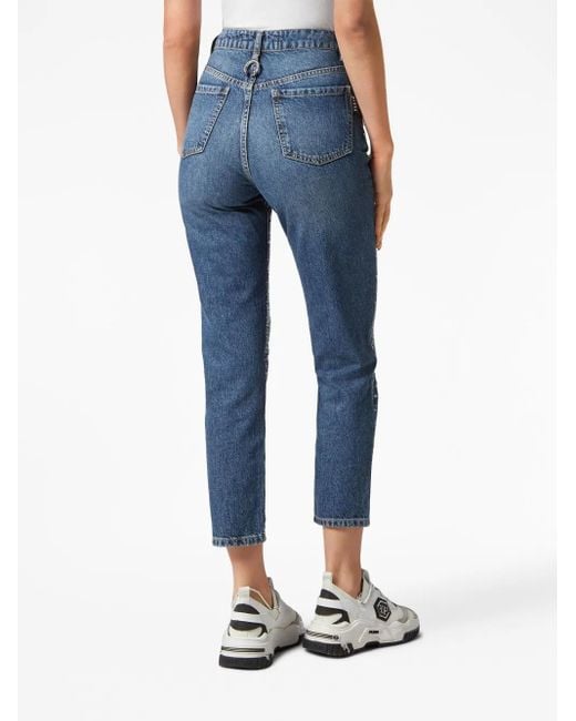 Philipp Plein Blue Crystal-Embellished Distressed-Denim Trousers