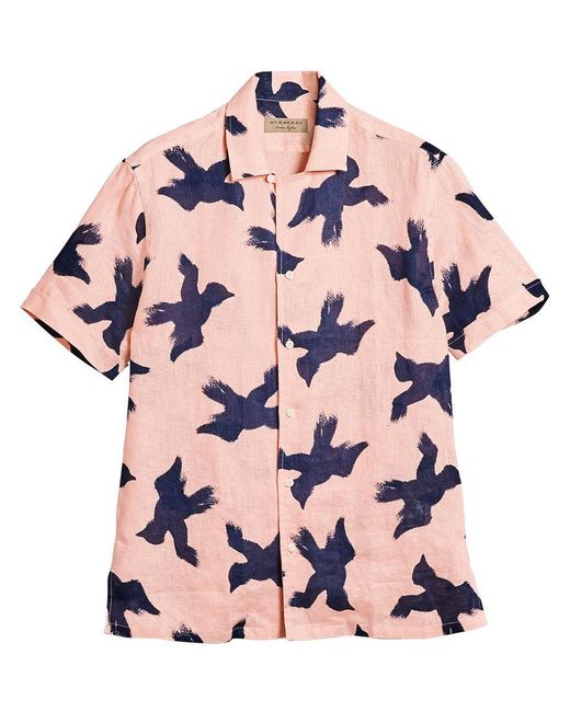 Burberry Pink Short-sleeve Bird Print Linen Shirt for men