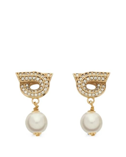 Ferragamo Metallic Gancini Earrings With Pearls And Crystals