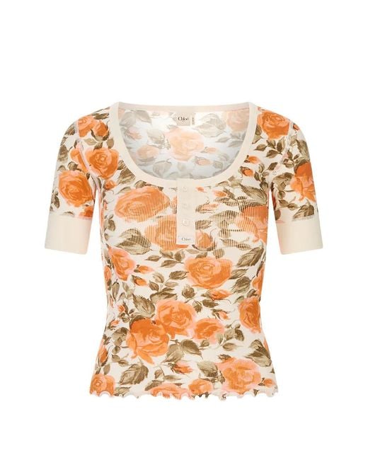 Chloé White Floral-Print Ribbed-Knit T-Shirt