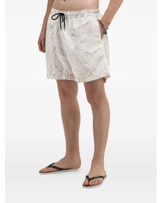 Roberto Cavalli White Ice Feathers Print Swim Trunks for men