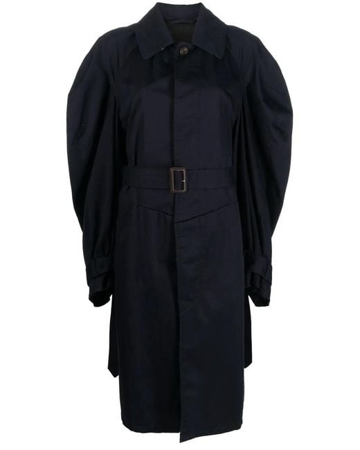 Balenciaga Blue Twisted Puff-Sleeves Cotton Trench Coat