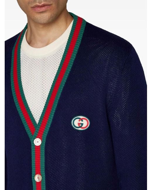 Gucci Blue Web-Stripe Button-Up Cardigan for men
