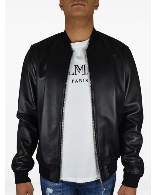 Philipp Plein Black Leather Multicolor Graphic Bomber Jacket for men