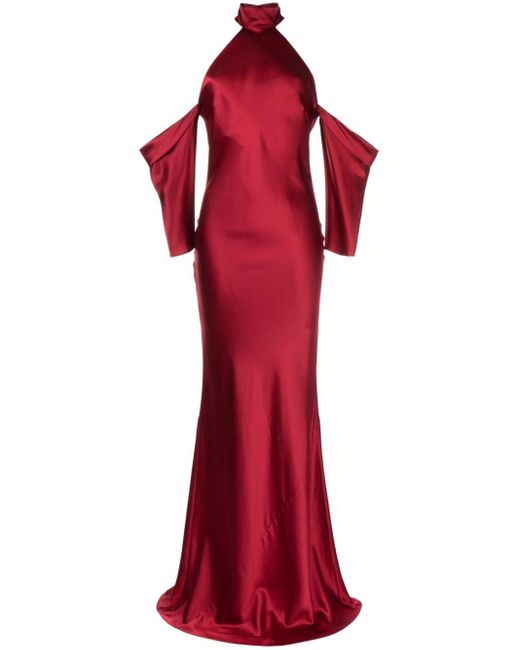 Michelle Mason Red Halterneck Drop-sleeve Maxi Dress