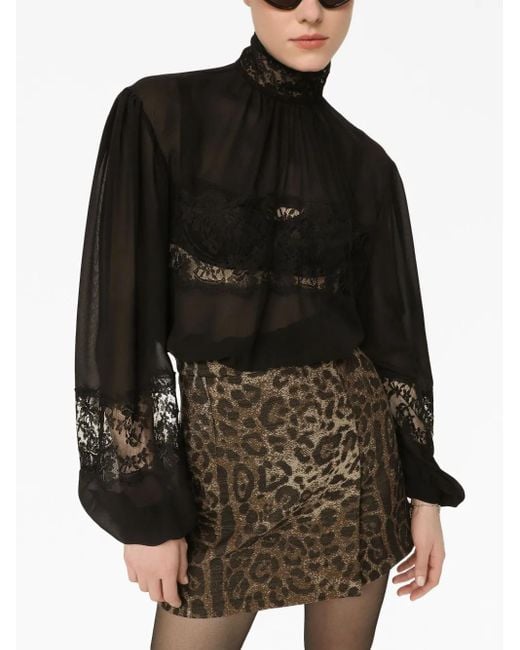 Dolce & Gabbana Black Lace Detail Silk Blouse
