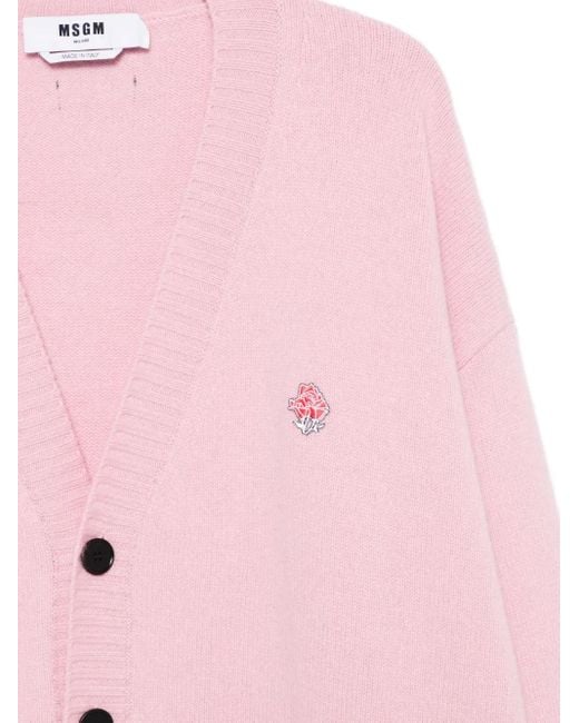 MSGM Pink Rose-Embellished Buttoned Cardigan