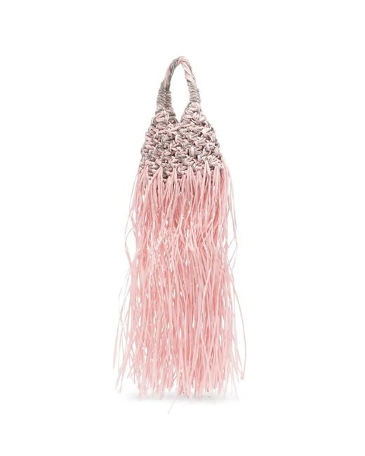 HIBOURAMA Pink Mini Vannifique Rafia Crystal-Embellished Fringed Tote Bag