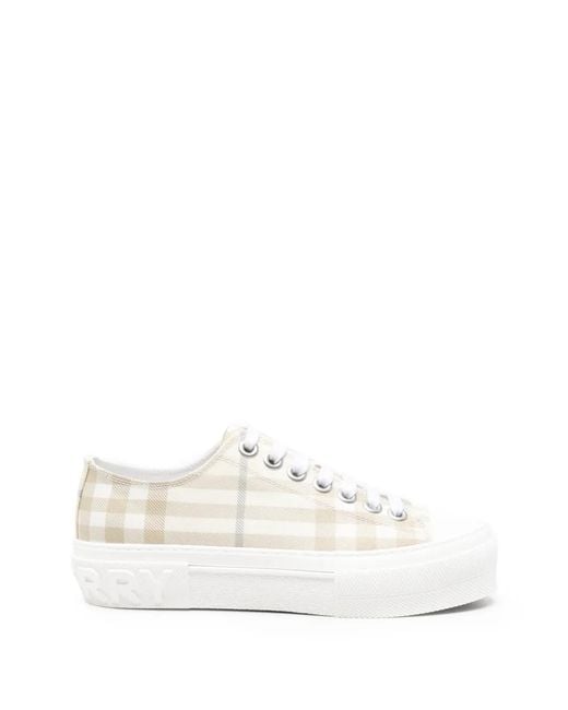 Burberry White Cotton Lace-Up Round-Toe Sneakers With Embossed Heel Logo