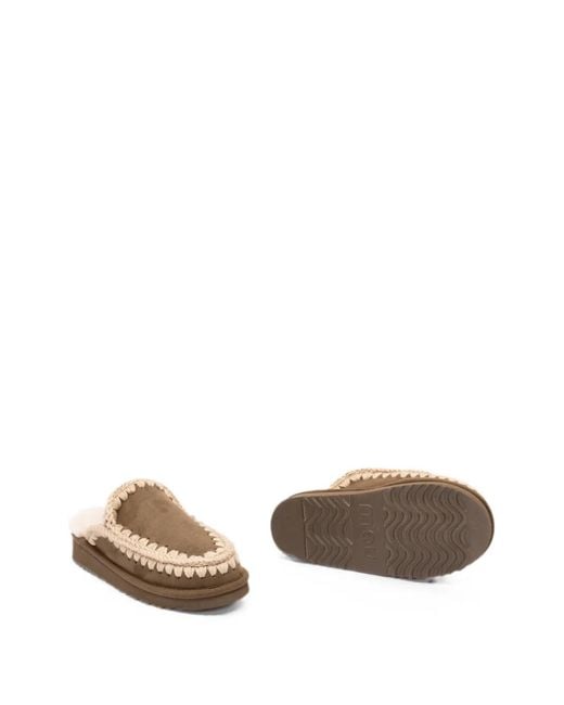 Mou Natural Eskimo Crochet-Trim Sheepskin Slippers