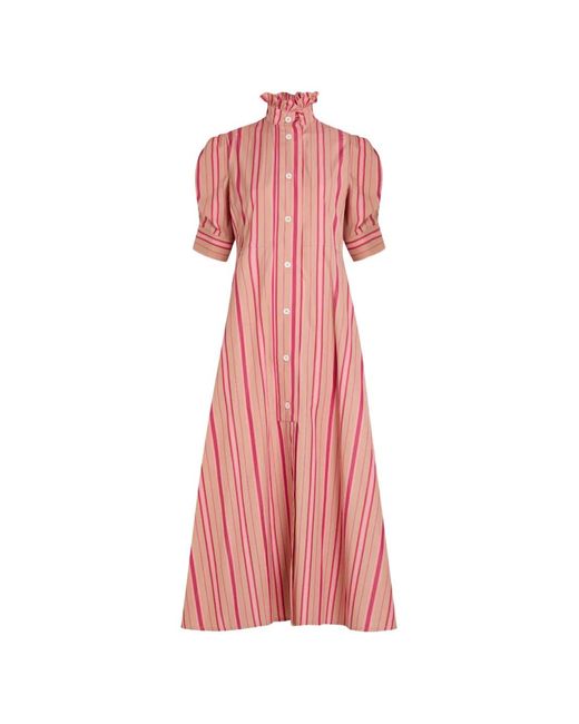 Thierry Colson Pink Venetia Striped Ruffled-Collar Midi Dress