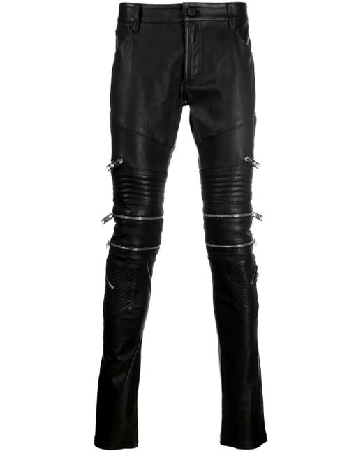 Philipp Plein Black Zippered Leather Biker Trousers for men