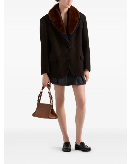 Prada Black Shearling-Collar Suede Coat