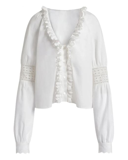 Alberta Ferretti White Volant-Bluse mit V-Ausschnitt