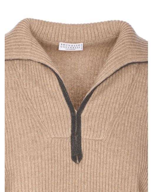 Maglione Con Mezza Zip di Brunello Cucinelli in Natural
