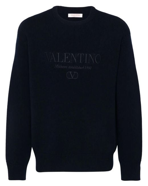 Valentino Garavani Blue Embroidered-Logo Knitted Jumper for men