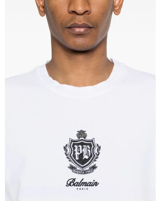 Balmain White Logo-Embroidered T-Shirt for men