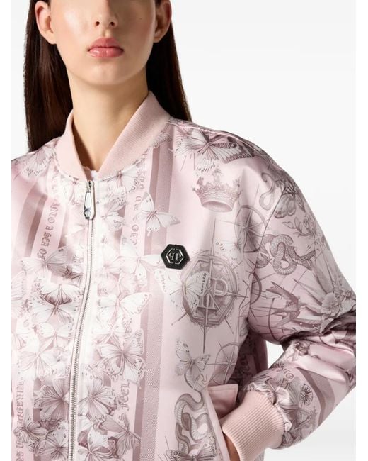 Philipp Plein Pink Oversized Satin Bomber Butterfly Tattoo