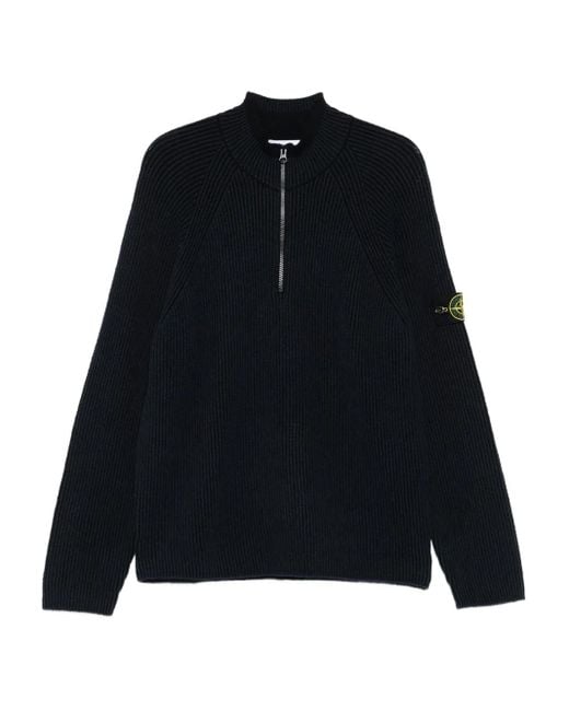 Stone Island Men's Black Ribbed Zip-Neck Sweater