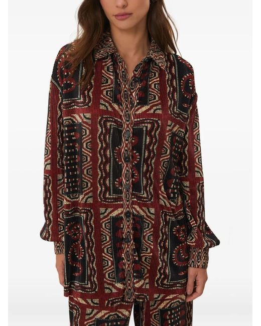 Farm Rio Red Snake Scarves-Print Pleated Shirt