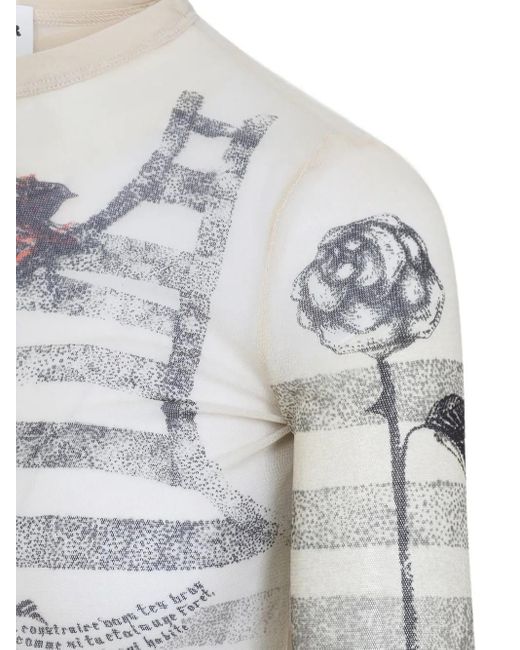 Jean Paul Gaultier Gray Printed Stretch Tulle Top With Crew Neck