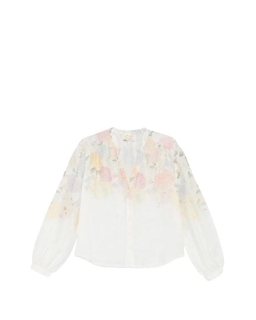 Mc2 Saint Barth White Blouse Liona À Fleurs Et À Manches Longues