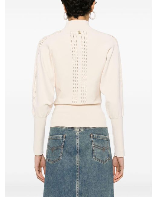 Patrizia Pepe White Perforated-detail Puff-sleeve Knit Top