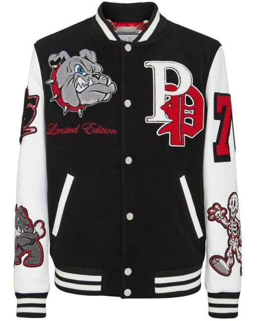Philipp Plein Black Bulldog-Patch Bomber Jacket for men