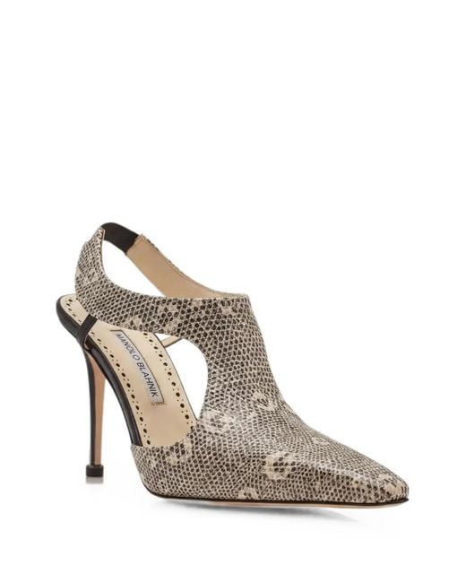 Manolo Blahnik White Polignac Snakeskin-Pattern Mules