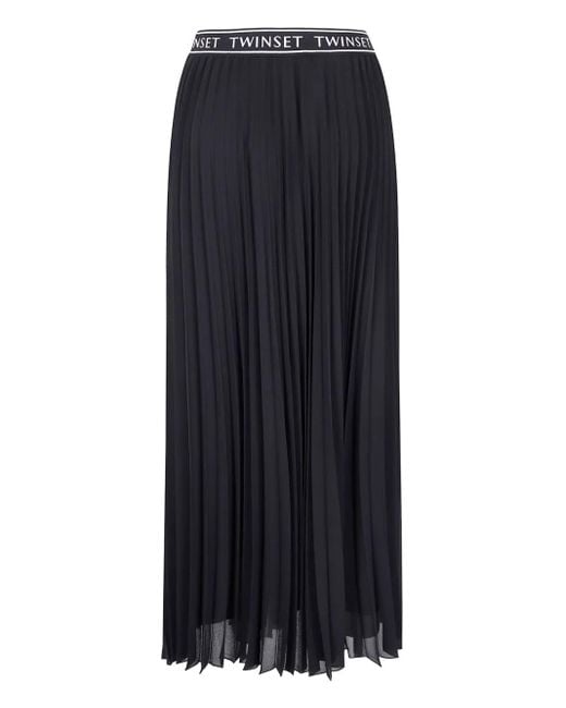 Twinset Black Pleated Logo-Waistband Maxi Skirt