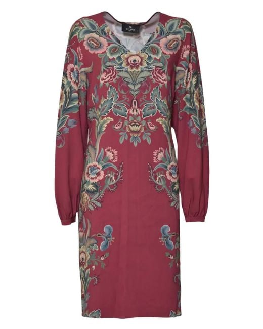 Etro Red V-Neck Floral Dress