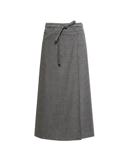 Peserico Gray Wrap-Style Belted Midi Skirt