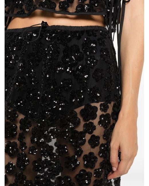 CECILIE BAHNSEN Black Bria Sequin-Embellished Floral Midi Skirt