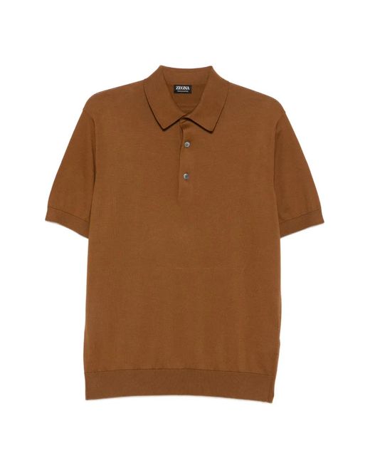 Zegna Brown Short-Sleeve Knitted Polo Shirt for men