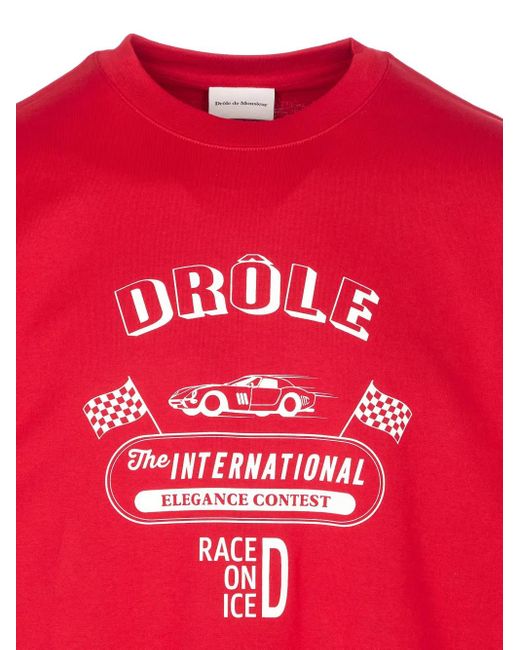 Drole de Monsieur Red Graphic-Print Cotton T-Shirt for men