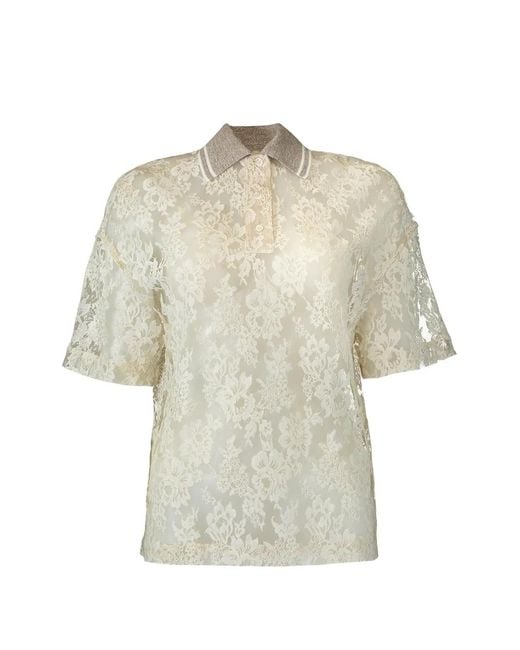 Brunello Cucinelli White Floral-Lace Polo Shirt