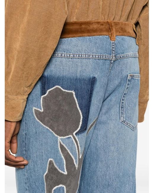 Marni Blue Jeans With Velvet Trim And Floral Appliques for men