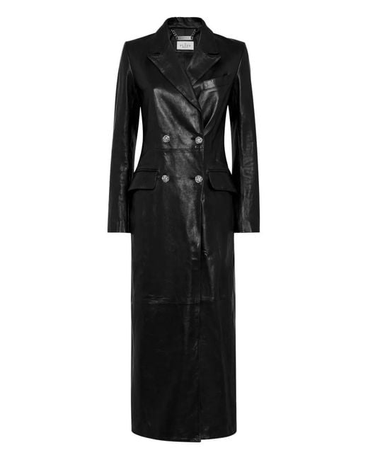 Philipp Plein Black Double-Breasted Leather Coat