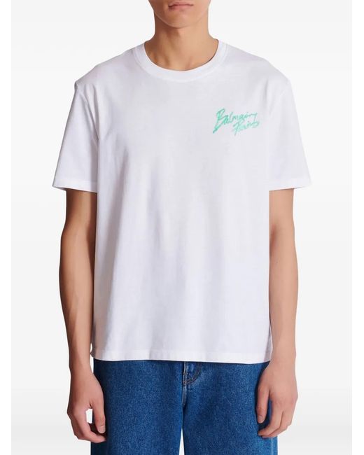 Balmain White T-Shirt With Paris Brush Print for men