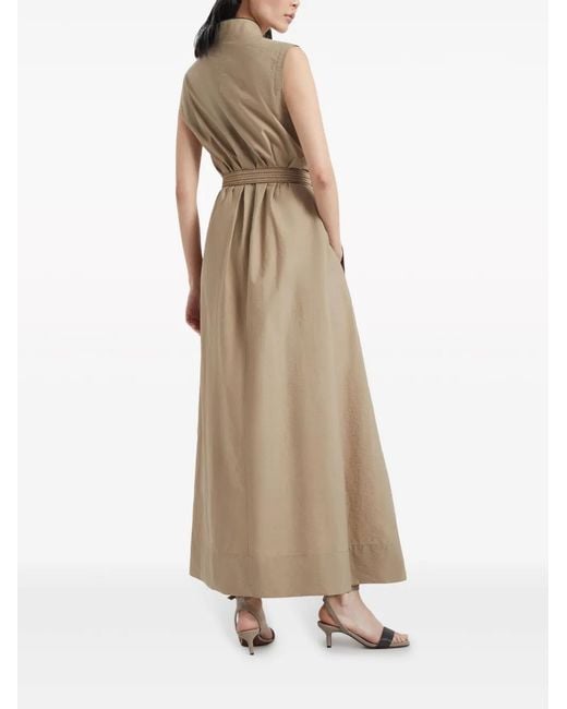 Brunello Cucinelli Brown Techno Cotton Poplin Dress With Belt And Precious Shoulder Detail