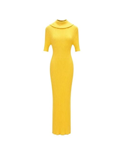 Elisabetta Franchi Yellow Ribbed-Knit Roll-Neck Midi Dress
