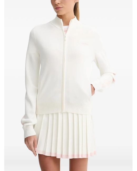 Guess White Logo-Embroidered Stripe-Detail Zip-Up Sweater