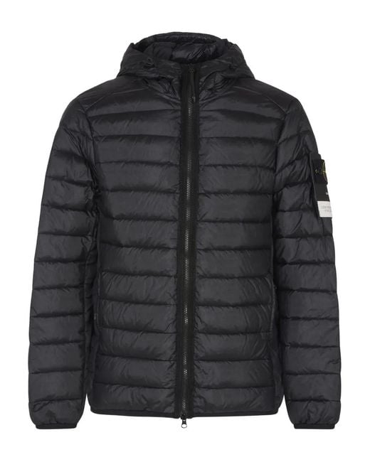 Stone Island Black Hooded Quilted Coat for men