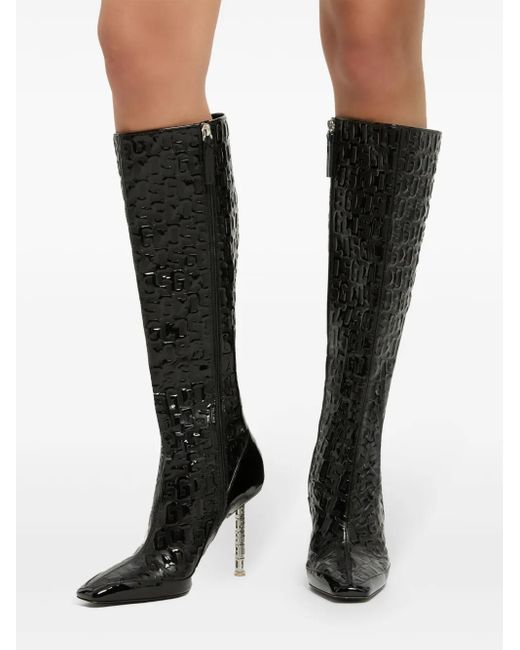 Gcds Black 100Mm Monogram-Pattern Leather Boots