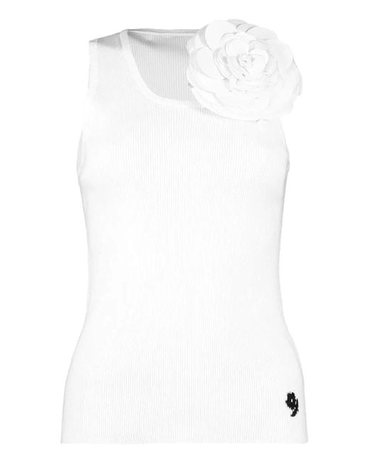 BERNADETTE White Marcel Ribbed Flower-Embellished Tank Top