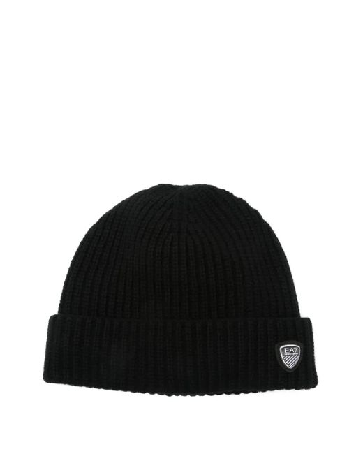 EA7 Black Logo-Patch Beanie Hat for men