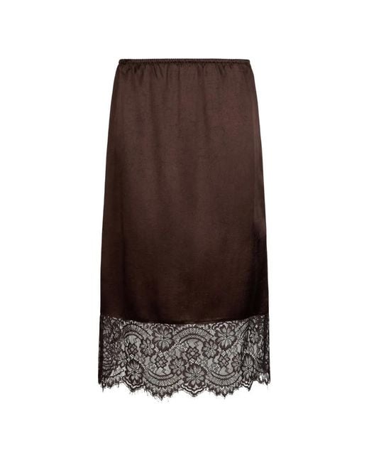 Liu Jo Brown Satin Midi Skirt With Lace Details